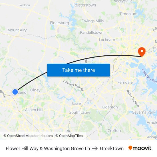 Flower Hill Way & Washington Grove Ln to Greektown map