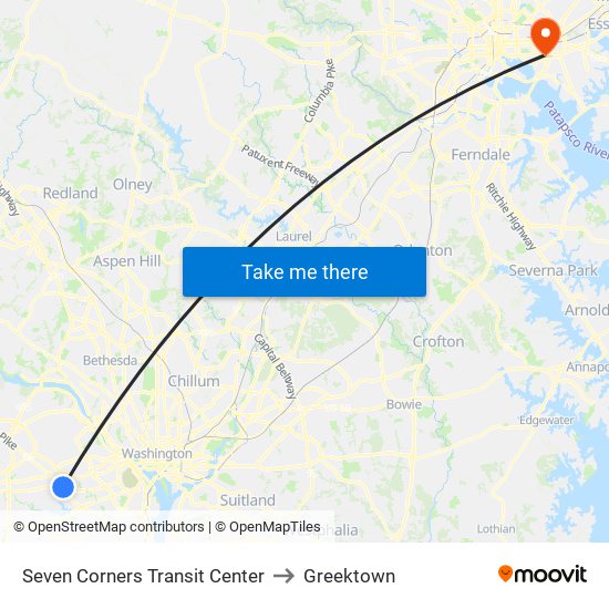 Seven Corners Transit Center to Greektown map