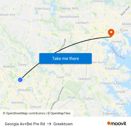 Georgia Av+Bel Pre Rd to Greektown map