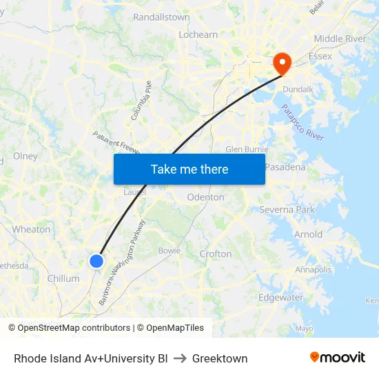 Rhode Island Av+University Bl to Greektown map