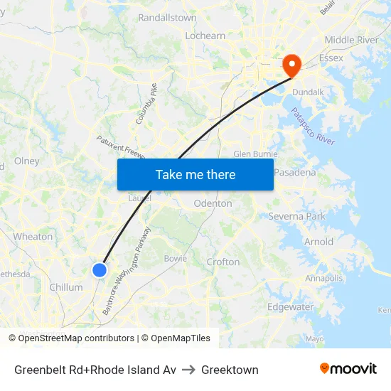 Greenbelt Rd+Rhode Island Av to Greektown map