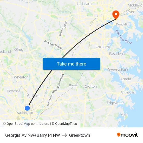 Georgia Av Nw+Barry Pl NW to Greektown map