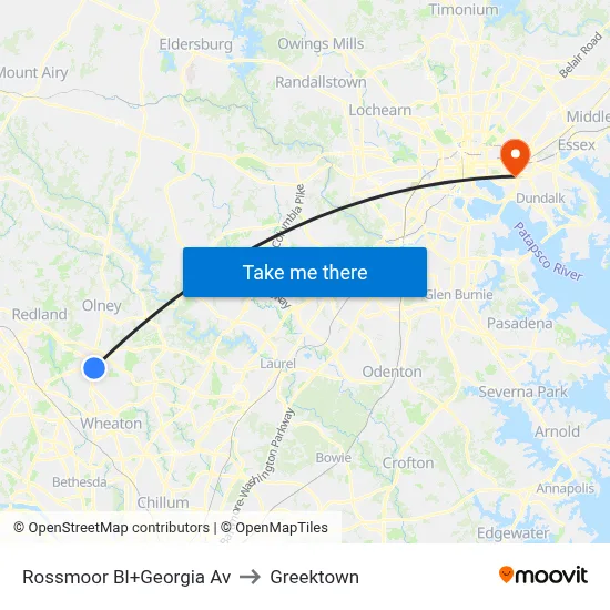 Rossmoor Bl+Georgia Av to Greektown map