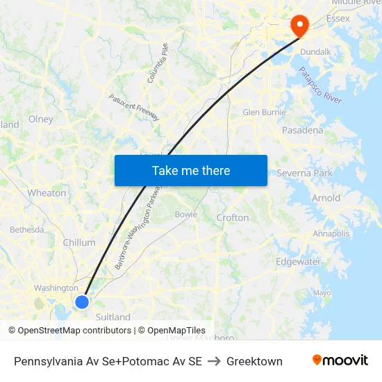 Pennsylvania Av Se+Potomac Av SE to Greektown map