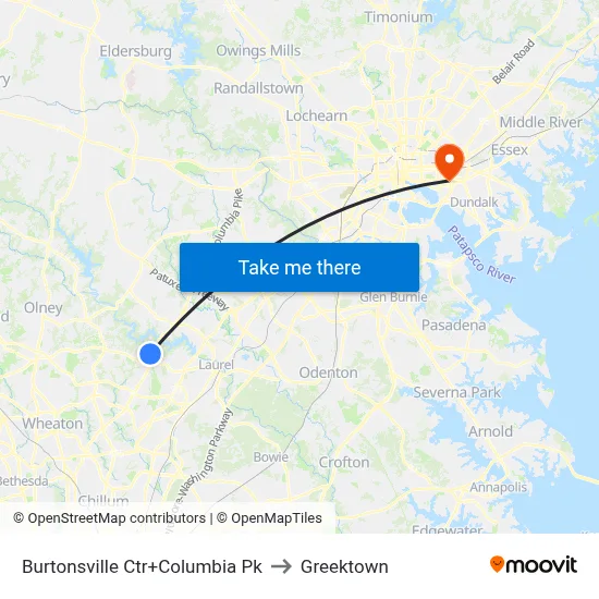 Burtonsville Ctr+Columbia Pk to Greektown map