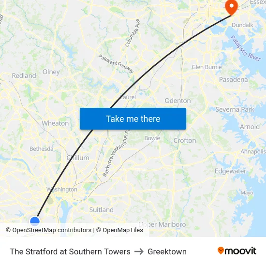 The Stratford at Southern Towers to Greektown map