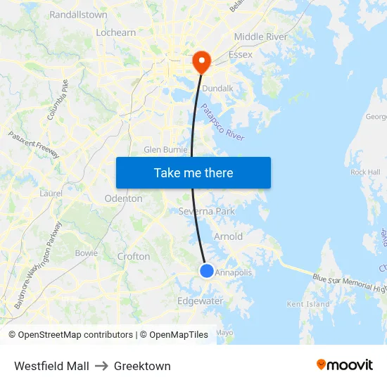 Westfield Mall to Greektown map