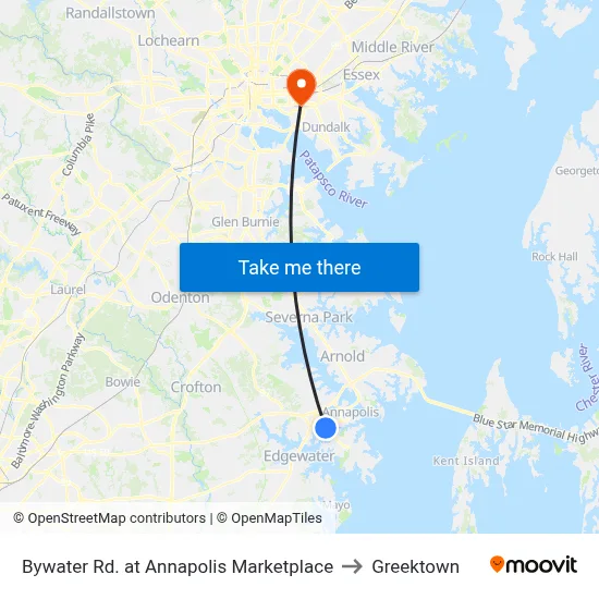 Bywater Rd. at Annapolis Marketplace to Greektown map