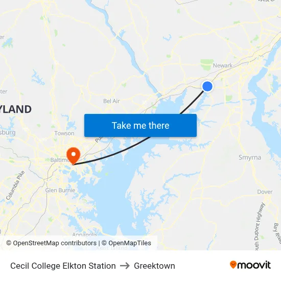 Cecil College Elkton Station to Greektown map