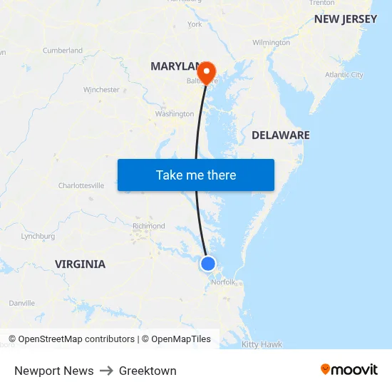 Newport News to Greektown map