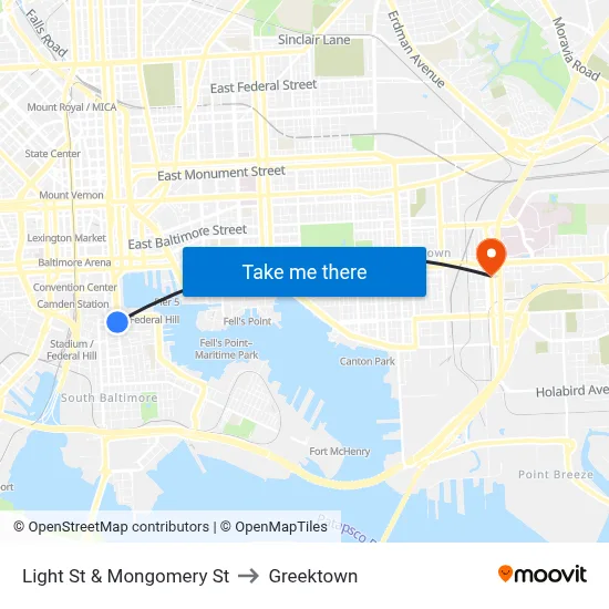 Light St & Mongomery St to Greektown map