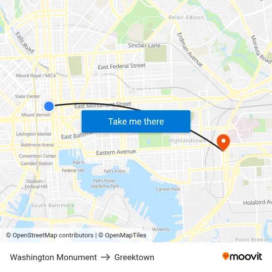 Washington Monument to Greektown map