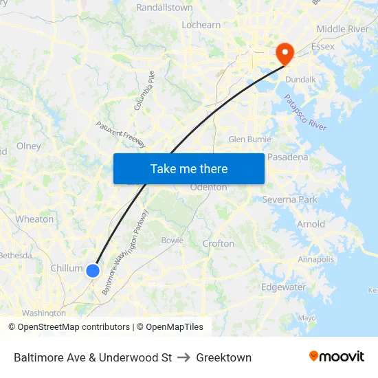 Baltimore Ave & Underwood St to Greektown map