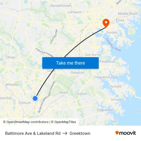 Baltimore Ave & Lakeland Rd to Greektown map