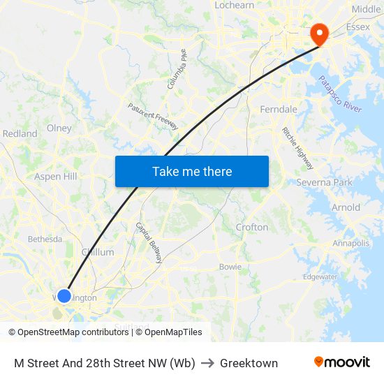 M Street And 28th Street NW (Wb) to Greektown map