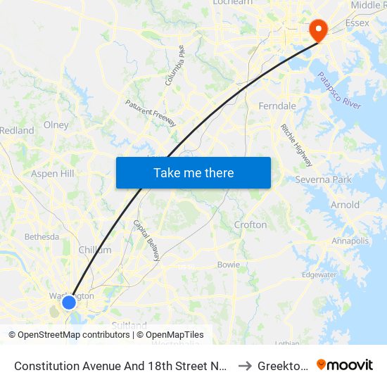 Constitution Avenue And 18th Street NW (Eb) to Greektown map