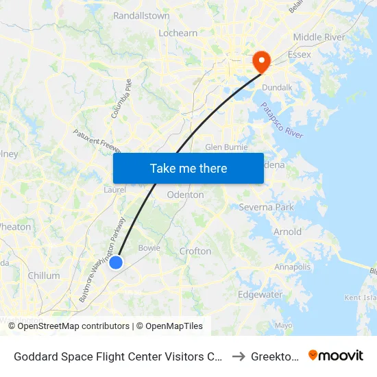 Goddard Space Flight Center Visitors Center to Greektown map