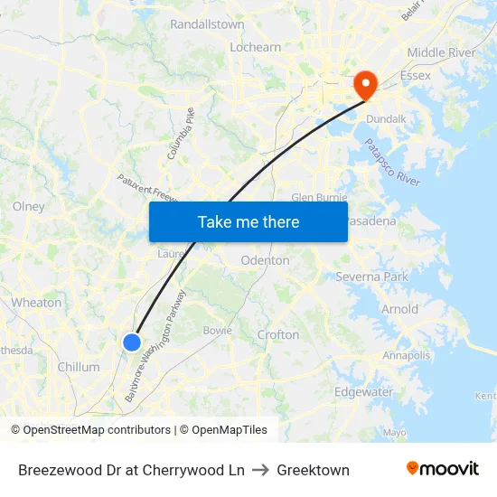 Breezewood Dr at Cherrywood Ln to Greektown map