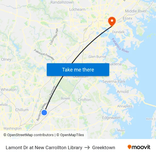 Lamont Dr at New Carrollton Library to Greektown map