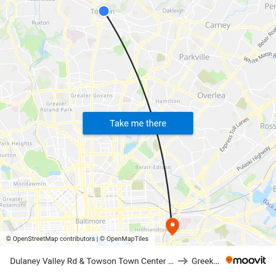 Dulaney Valley Rd & Towson Town Center Mall - Macy's Nb to Greektown map