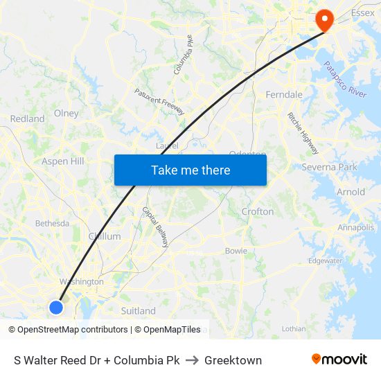 S Walter Reed Dr + Columbia Pk to Greektown map
