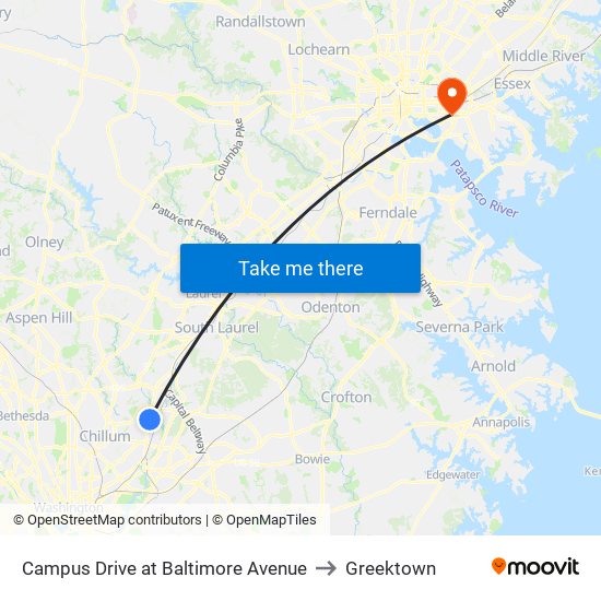 Campus Drive at Baltimore Avenue to Greektown map