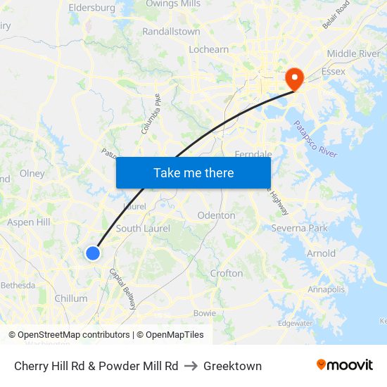 Cherry Hill Rd & Powder Mill Rd to Greektown map