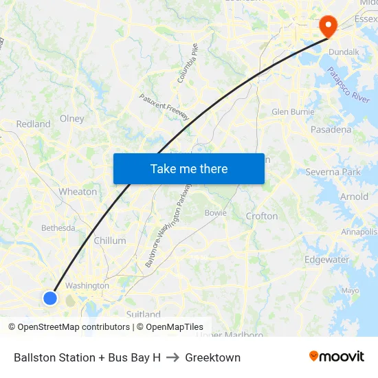 Ballston Station + Bus Bay H to Greektown map