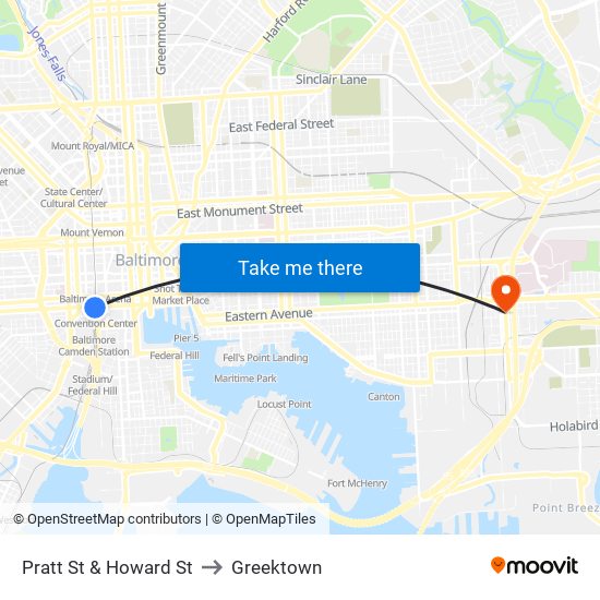 Pratt St & Howard St to Greektown map