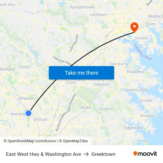 East West Hwy & Washington Ave to Greektown map