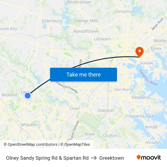 Olney Sandy Spring Rd & Spartan Rd to Greektown map