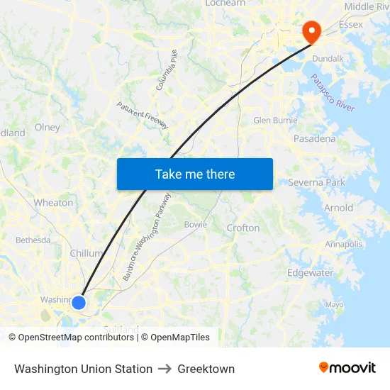 Washington Union Station to Greektown map