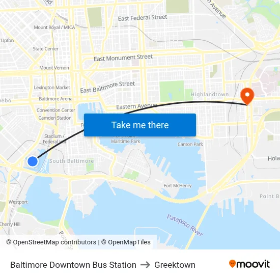 Baltimore Downtown Bus Station to Greektown map
