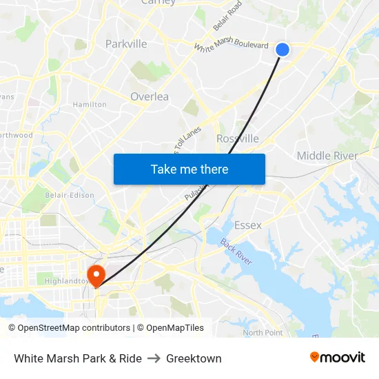 White Marsh Park & Ride to Greektown map