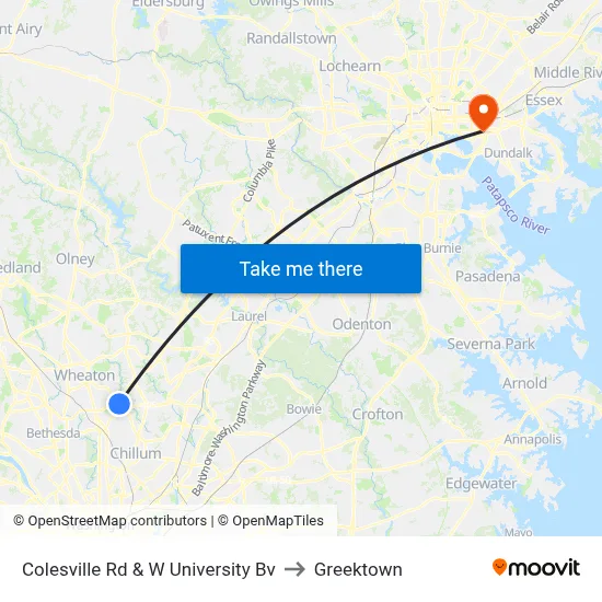 Colesville Rd & W University Bv to Greektown map