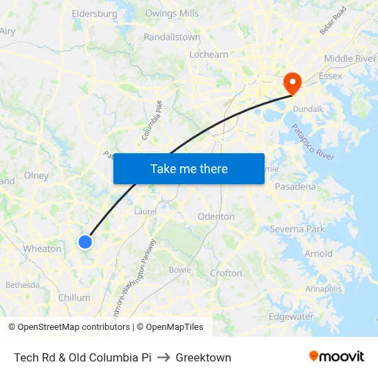 Tech Rd & Old Columbia Pi to Greektown map