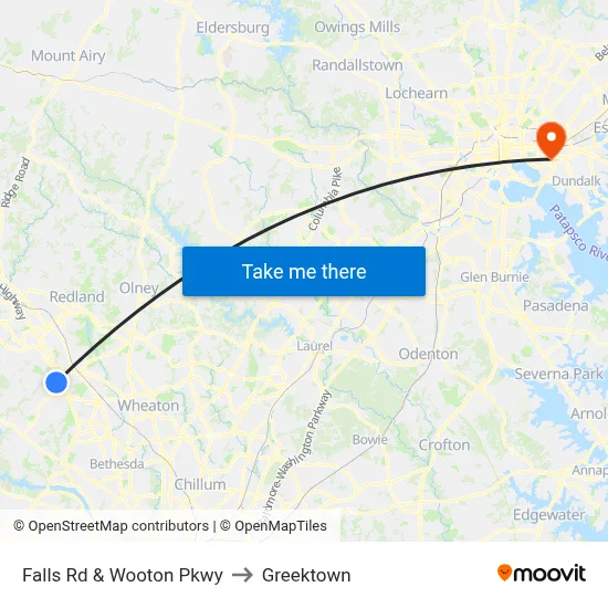Falls Rd & Wooton Pkwy to Greektown map