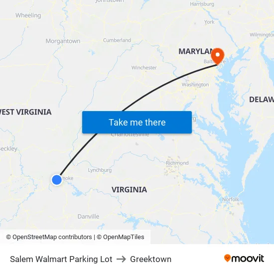 Salem Walmart Parking Lot to Greektown map