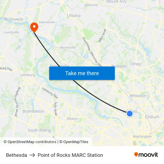 Bethesda to Point of Rocks MARC Station map