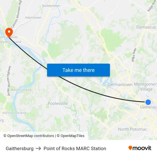 Gaithersburg to Point of Rocks MARC Station map