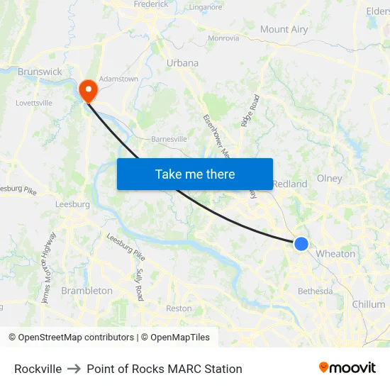 Rockville to Point of Rocks MARC Station map