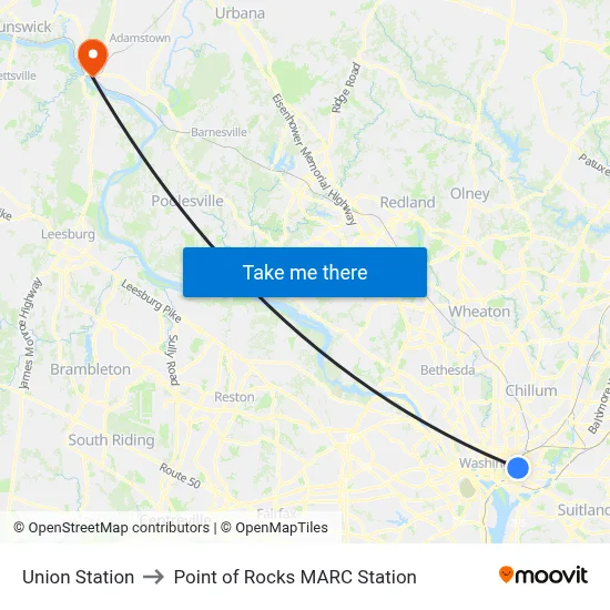 Union Station to Point of Rocks MARC Station map