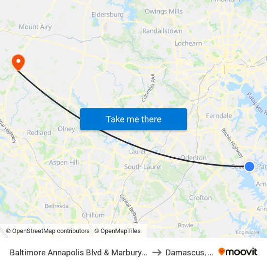 Baltimore Annapolis Blvd & Marbury Rd Sb to Damascus, MD map