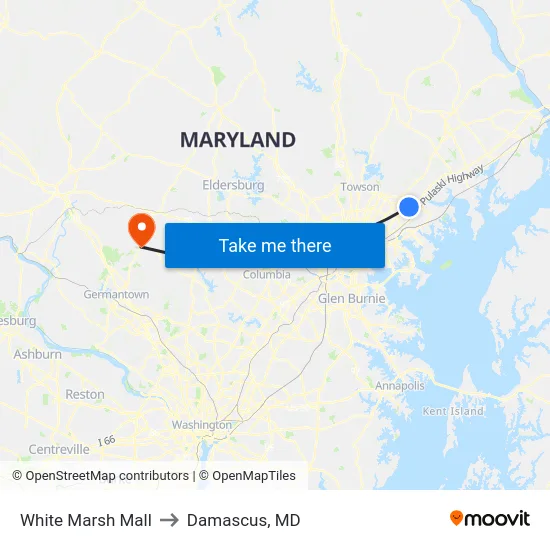 White Marsh Mall to Damascus, MD map