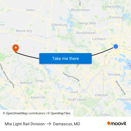 Mta Light Rail Division to Damascus, MD map