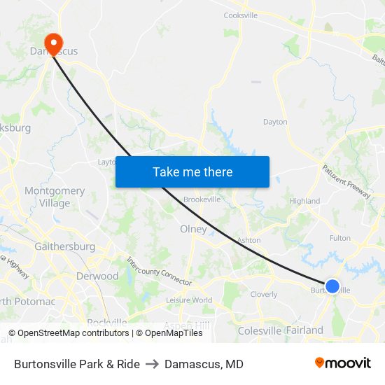 Burtonsville Park & Ride to Damascus, MD map