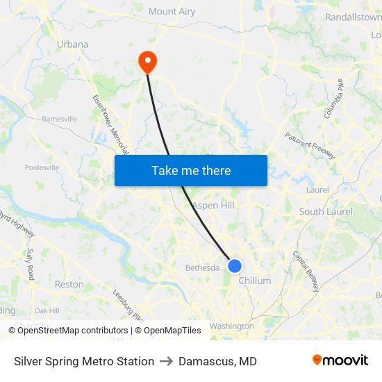 Silver Spring Metro Station to Damascus, MD map