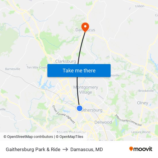 Gaithersburg Park & Ride to Damascus, MD map