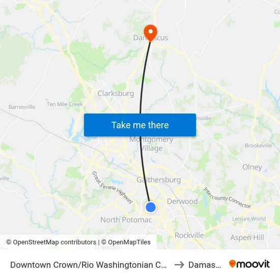 Downtown Crown/Rio Washingtonian Center & Ellington Boulevard to Damascus, MD map