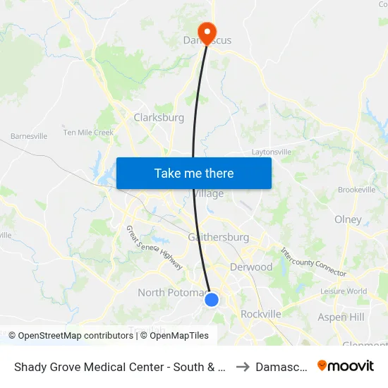 Shady Grove Medical Center - South & Medical Center Way to Damascus, MD map